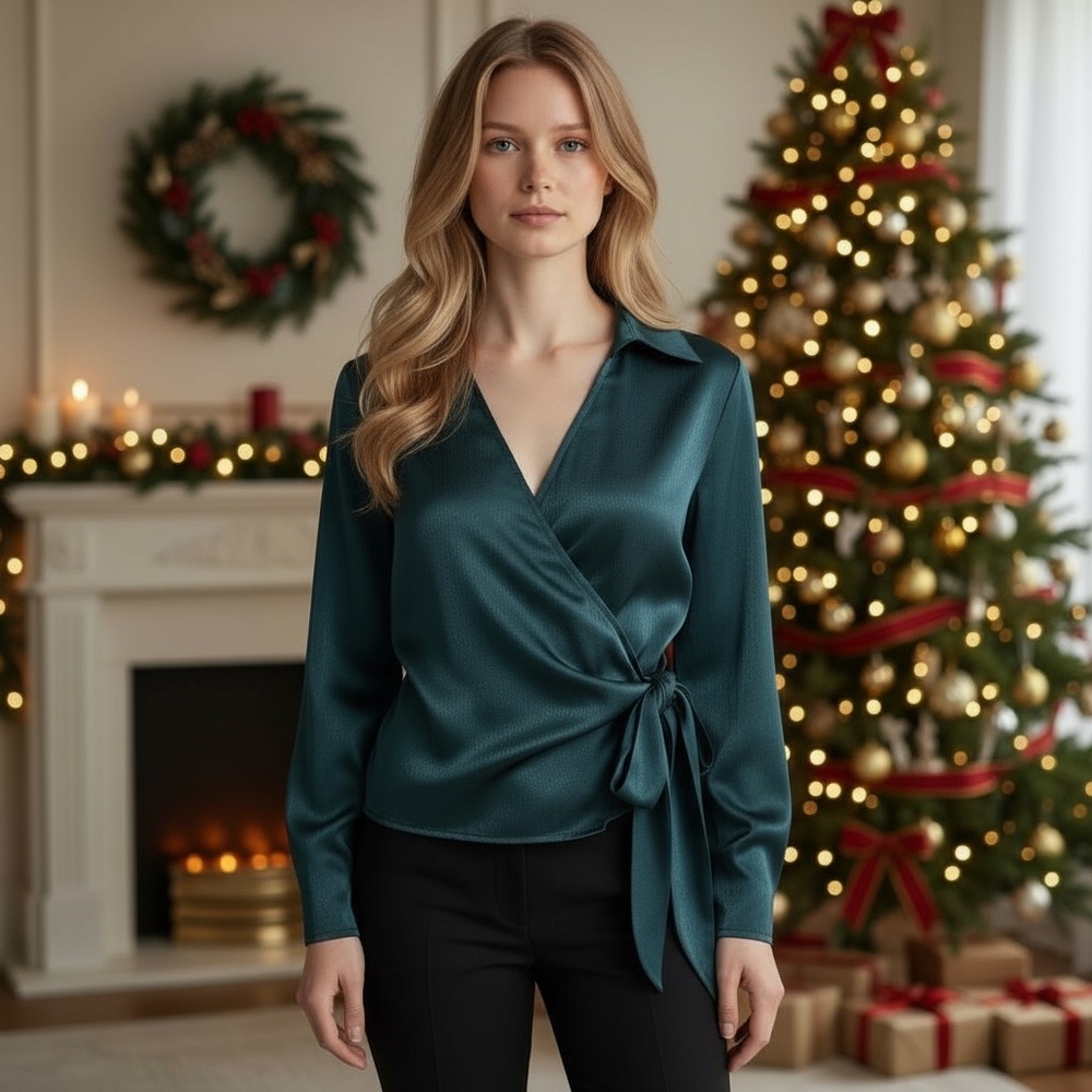 NWOT Lush x‎ Stitch Fix Women’s Satin Charmeuse Wrap Blouse Christmas Holiday